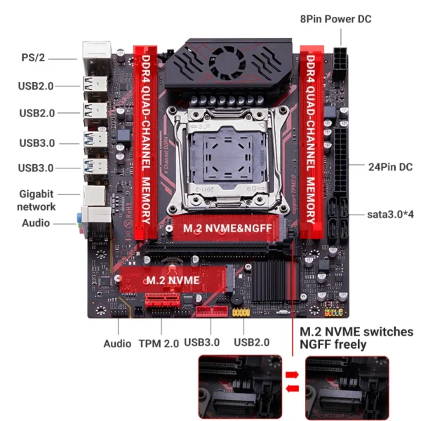 QIYIDA X99 H9S Motherboard Set Kit With LGA2011-3 Xeon E5 2630 V4 CPU DDR4 16GB REG ECC memory NVME M.2 TPM 2.0 Interface SATA3 - Image 5