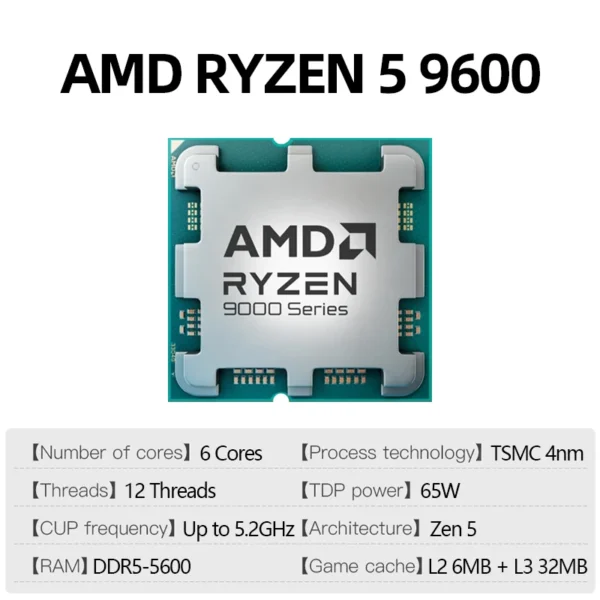 AMD Ryzen 5 9600 Brand New CPU 5.2GHz 6-Core 12-Thread 38MB Cache 4NM TDP 65W Socket AM5 Gameing Processor Without Package - Image 3
