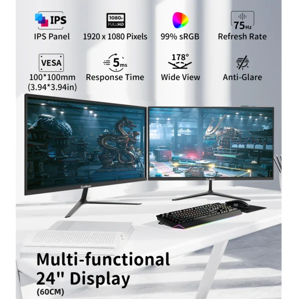 GreBear IPS Computer Monitor 24 Inch, FHD 1080p PC Monitor 5ms(GTG) 99% sRGB,Ultra Slim, LED Low Blue Light An - Image 2