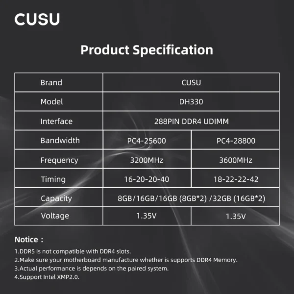 CUSU Memoria Ram DDR4 8gb 16gb 3200mhz 3600mhz DDR4 Desktop Memory 288pin Udimm XMP2.0 Heatsink for Motherboard - Image 6
