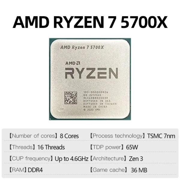 AMD Ryzen 7 5700X R7 5700X 3.4GHz 8-Core 16-Thread PCIE4.0 65W CPU Processor 7NM L3=32M 100-000000926 LGA AM4 No Fan - Image 2