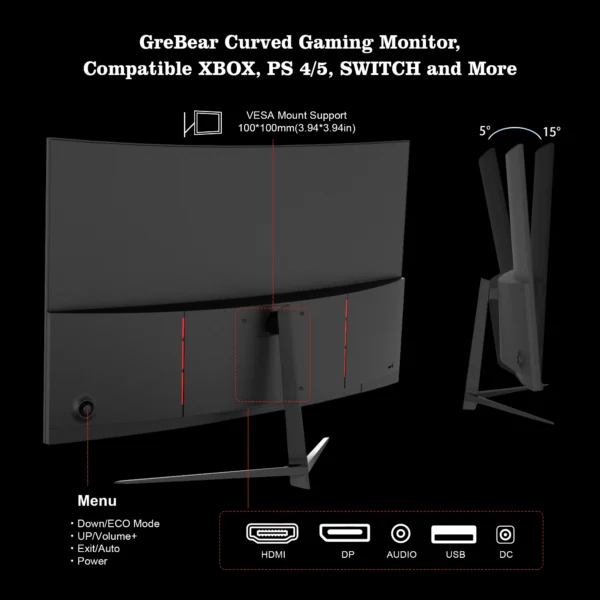 Grebear 27 inch curved monitor 165hz,PC Home Office Computer Gaming Monitor FHD1080p,99% SRGB,Built-in Speakers