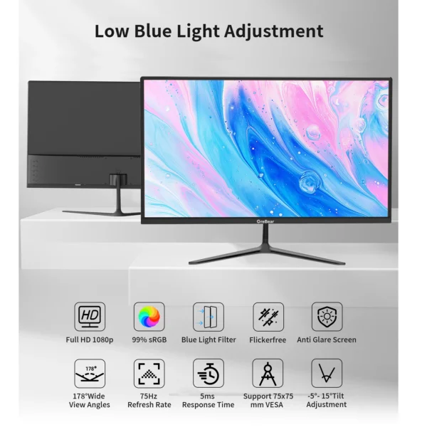 GreBear IPS Computer Monitor 24 Inch, FHD 1080p PC Monitor 5ms(GTG) 99% sRGB,Ultra Slim, LED Low Blue Light An - Image 4